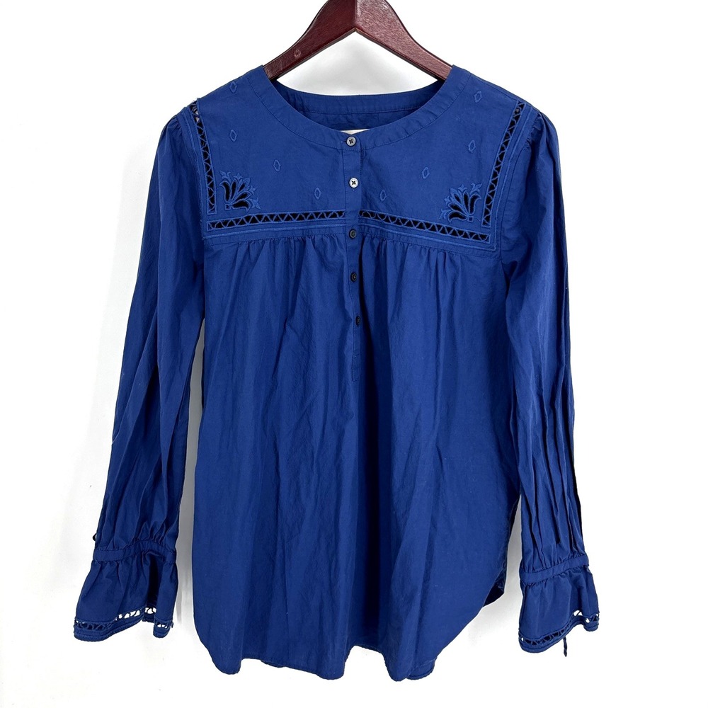 LOFT Blue Cotton Embroidery Eyelet Button Long Sleeve L Blouse Top‎ Cottage